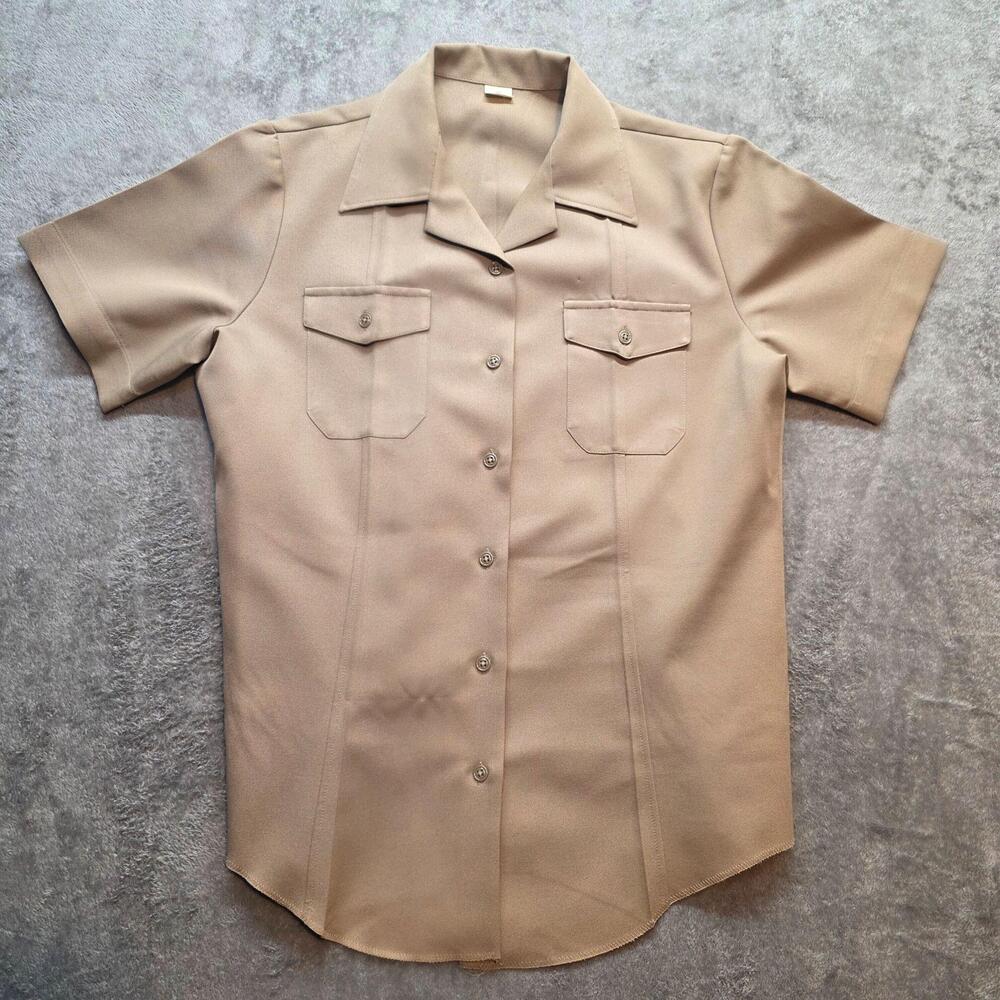 Creighton Button Up Shirt Mens 40 Beige Twill Short Sleeve Pocket Navy Uniform
